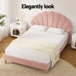 Artiss Bed Frame Double Size Scallop-Shape Bedhead Beds Base Pink Velvet Fabric - Image 4