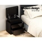 Artiss Bedside Table LED 2 Drawers Lift-up Storage - COLEY Black - Image 4