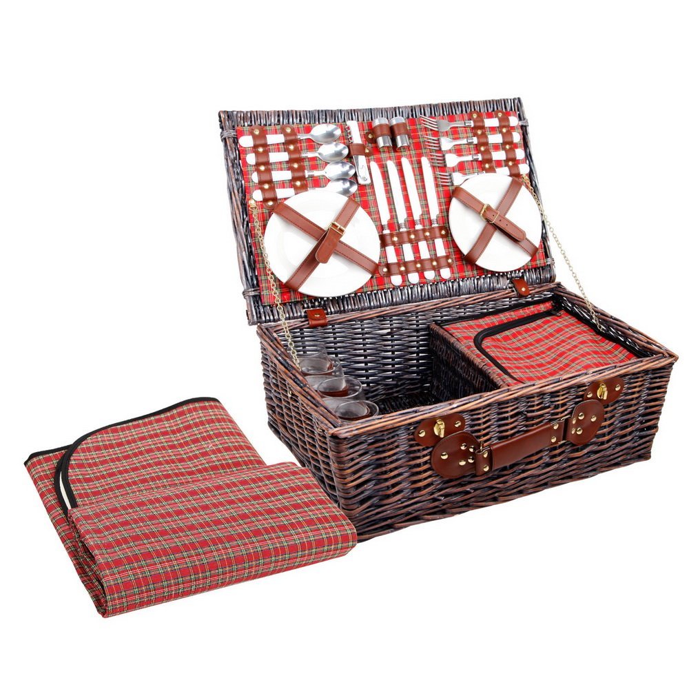 PICNIC-4PPL-COOLER-RD-00 Alfresco 4 Person Picnic Basket Set Insulated Blanket Bag Red - Image 1