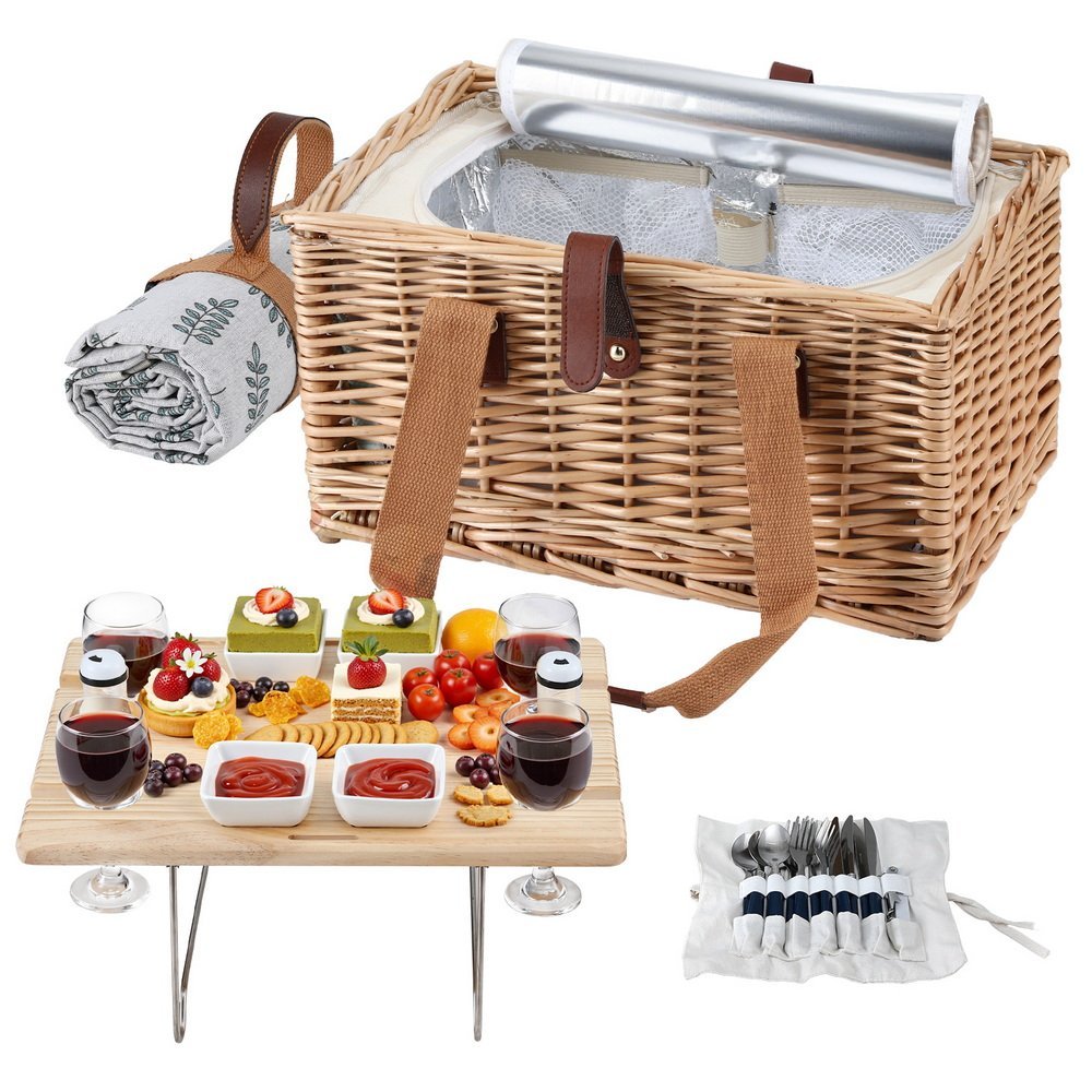 PICNIC-4PPL-TABLE-BG-202508151912-00 Alfresco 4 Person Picnic Basket Set with Table Blanket Cooler Wooden Insulated - Image 1