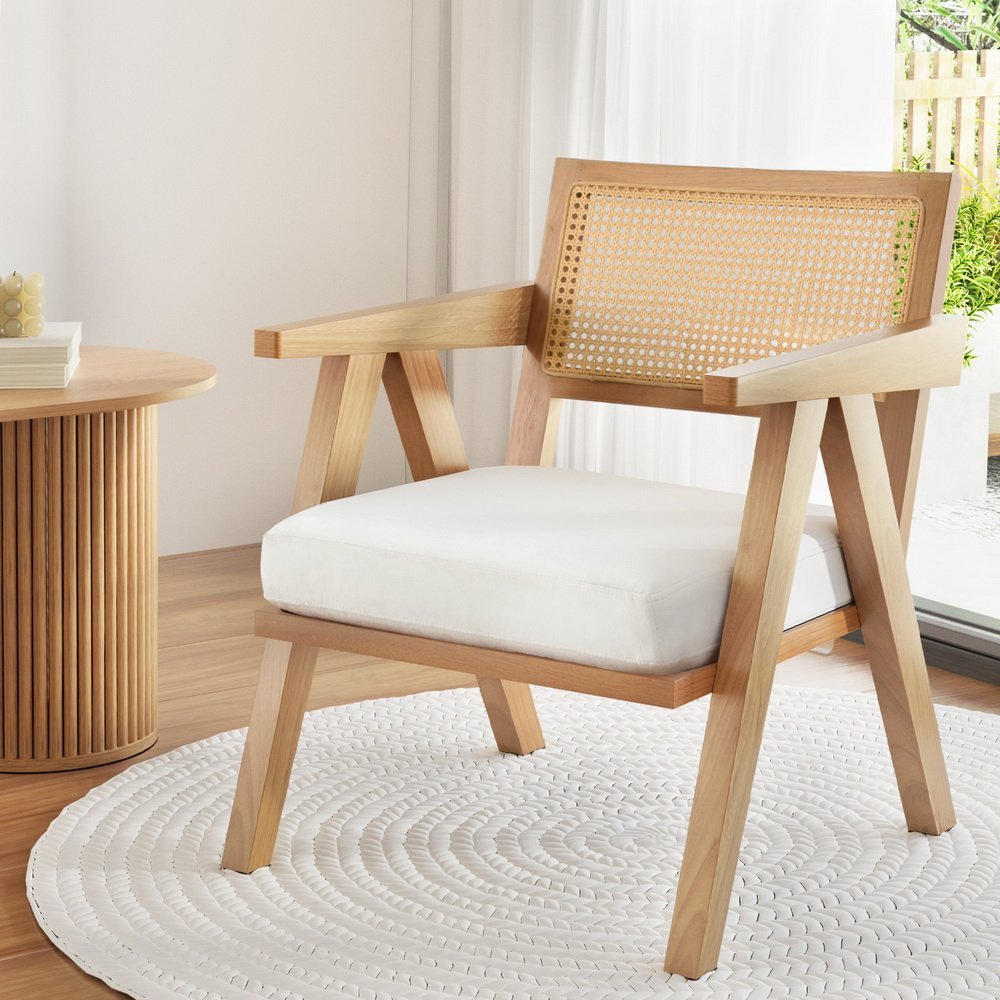 UPHO-F-ARM-02-RAT-WDWH-198138-06 Artiss Armchair Accent Chair Lounge Rattan Velvet Pine - Image 1