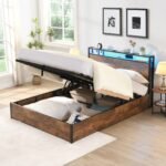 Gas Lift Bed Frame with Storage, Queen Size Wooden Slats Platform Bed Frame with LED Lights and Charging Station, No Box Spring Needed, Noise Free, Rustic Brown