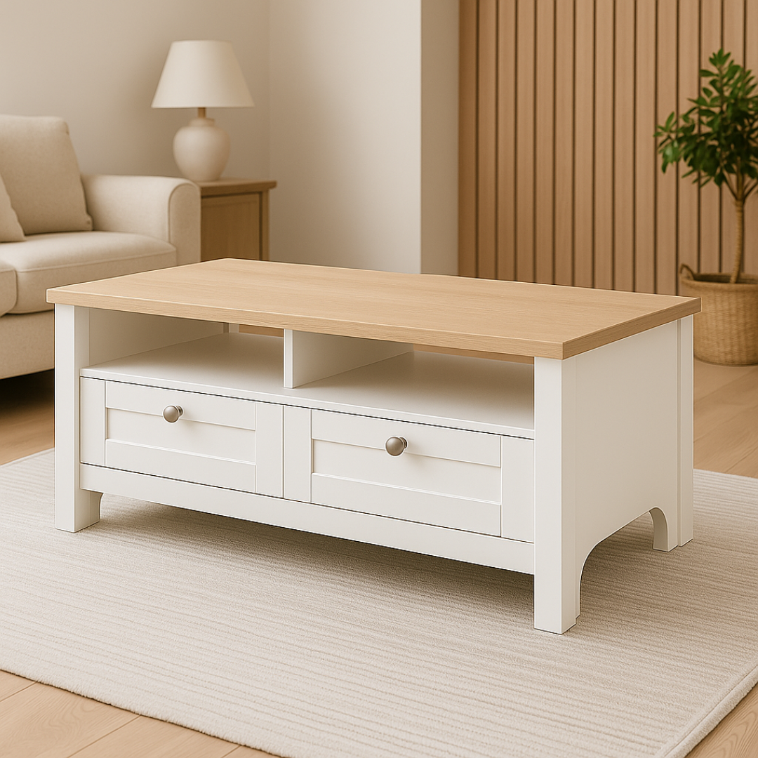 V1150-CF24001-202601141656-00 Noosa Coffee Table White Oak 2 Shelf and 2 Drawers - Image 1