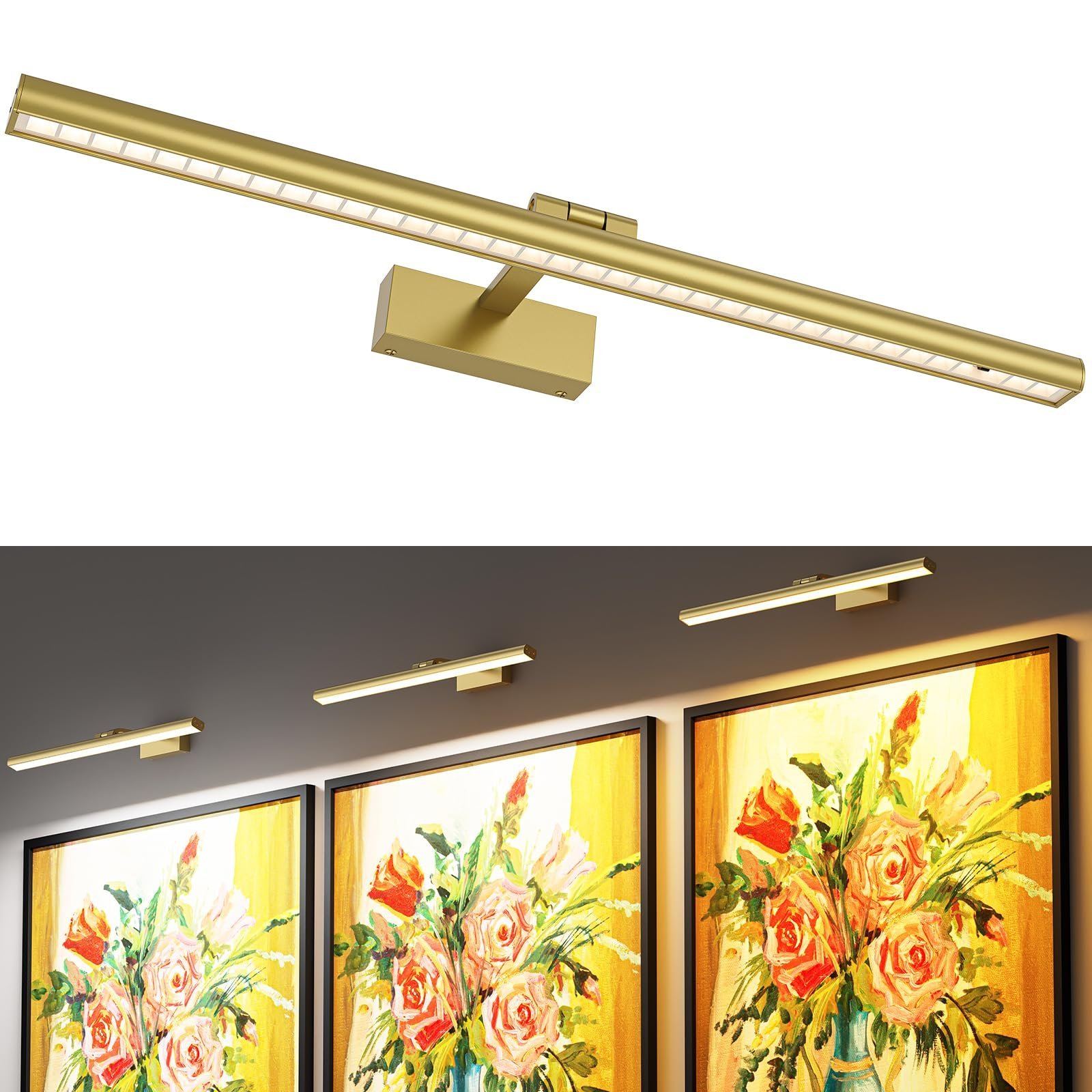 V1171-CB-BOM000970-202512251305-00 Wireless Picture Lights for Wall, Battery Operated Wall Light for Painting Rechargeable CCT Rotatable Art Gallery Light with Remote Dimmable Timer for Artwork Frame Display Dartboard (Gold, 24inch) - Image 1