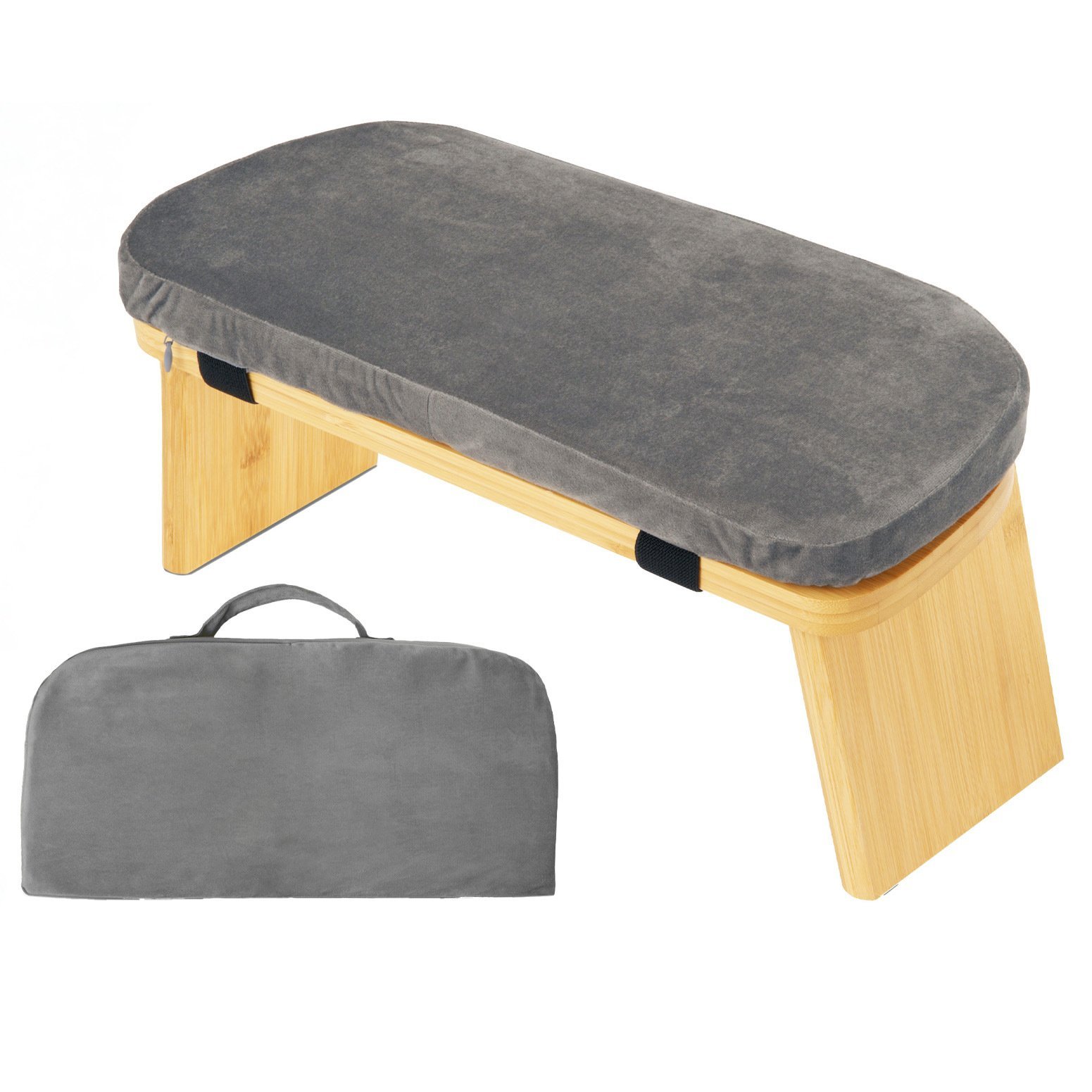 V888-ELOSUNG38816-202601051125-00 Grey Foldable Wooden Meditation Stool with Padded Cushion 45x21cm - Portable Yoga Kneeling Bench with Carry Bag for Mindfulness and Home Zen - Image 1