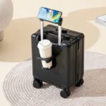 Black 16 Inch Lightweight Carry-on Luggage for heights under 1.6m - Underseat & Overhead Cabin Hardside Suitcase with Cup Holder & Phone Stand