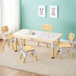 Keezi Kids Table and 4 Chairs Set Height Adjustable Toddler Desk and Chair Set for Ages 3-8, Children Activity Table with Graffiti Desktop for Learning Drawing Playing, Yellow - Image 7