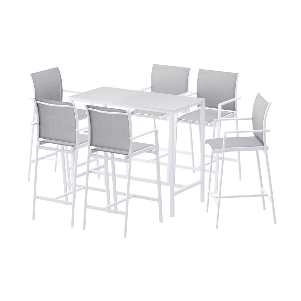 ODF-BARSET-WH-7STEX-ABC-202604141248-00 Gardeon 7PCS Outdoor Bar Set Stools Dining Chairs Table Patio Steel Bistro Set White - Image 1