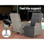 Gardeon 3PC Recliner Chairs Table Sun lounge Outdoor Furniture Wicker Adjustable Grey - Image 10