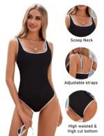 Women's Black One Piece Swimsuit with White Trim: Adjustable Strap, Ribbed, High Cut for Sports & Beachï¼ˆXXLï¼‰ - Image 3