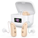 Rechargeable Behind-the-Ear Hearing Aids with Charging Case & LCD Display â€“ Compact Sound Amplifier for Adults and Seniors (White Case, Skin Tone Device)