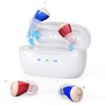 Rechargeable Behind-the-Ear Hearing Aids with Charging Case - Compact Sound Amplifier for Adults & Seniors with Memory Volume (White Case, Red & Blue Device)