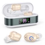 Rechargeable In-the-Ear Hearing Aids with Charging Case and LCD Display - Ultra-Compact Sound Amplifier for Seniors (White & Green Case, Skin Tone Device)