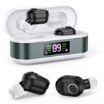 Rechargeable In-the-Ear Hearing Aids with Charging Case and LCD Display - Ultra-Compact Sound Amplifier for Seniors (White & Green Case, Black Device)