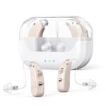 Rechargeable Hearing Amplifier with Charging Case - Compact Sound Enhancer for Daily Use, Noise Reduction & Clear Audio (White & Transparent Case, Skin Tone)