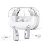 Rechargeable Hearing Amplifier with Charging Case - Compact Sound Enhancer for Daily Use, Noise Reduction & Clear Audio (White & Transparent Case, Silver Tone)