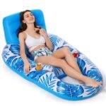 Inflatable Pool Lounger Float with Backrest & Cup Holders - U-Shaped Floating Chair for Pool, Lake, Beach (Blue)