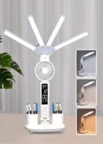 4-Arm Foldable LED Desk Lamp with Built-in Fan, Digital Clock, Temp Display & Dual Pen Holders - 3-Color Lighting, Infinite Dimming, USB-C Charging, Eye-Caring Light for Study, Work, Reading; Compact & Modern Design (White)