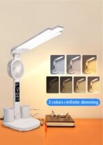 4-Arm Foldable LED Desk Lamp with Built-in Fan, Digital Clock, Temp Display & Dual Pen Holders - 3-Color Lighting, Infinite Dimming, USB-C Charging, Eye-Caring Light for Study, Work, Reading; Compact & Modern Design (White) - Image 4