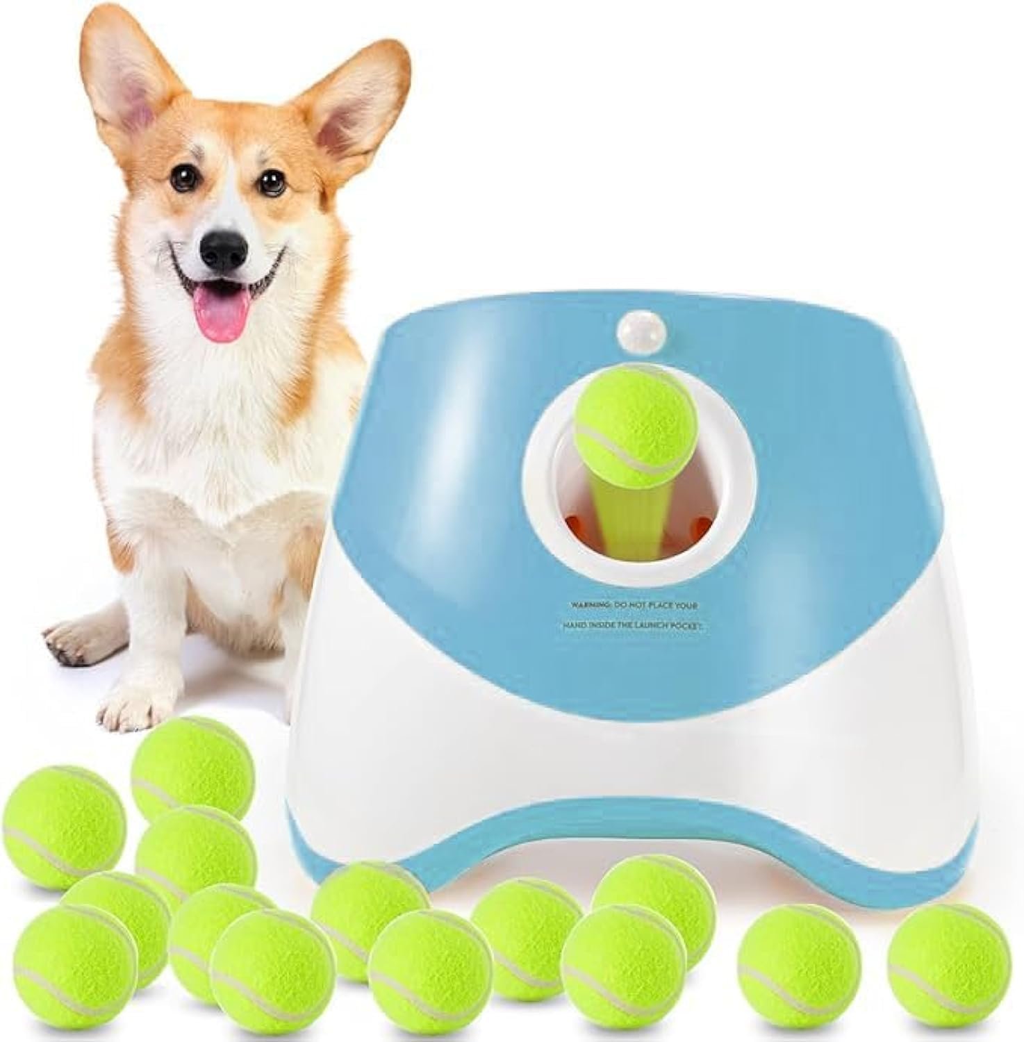V1107-CS-CWGPQQL-202602110815-00 Automatic Dog Ball Launcher with 15 Mini Tennis Balls & Mesh Bag – Rechargeable Pet Toy for Small Dogs, Adjustable Launch Distance, Interactive Play (Blue) - Image 1