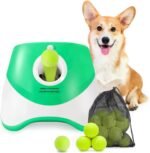 Automatic Dog Ball Launcher with 15 Mini Tennis Balls & Mesh Bag â€“ Rechargeable Pet Toy for Small Dogs, Adjustable Launch Distance, Interactive Play (Green)