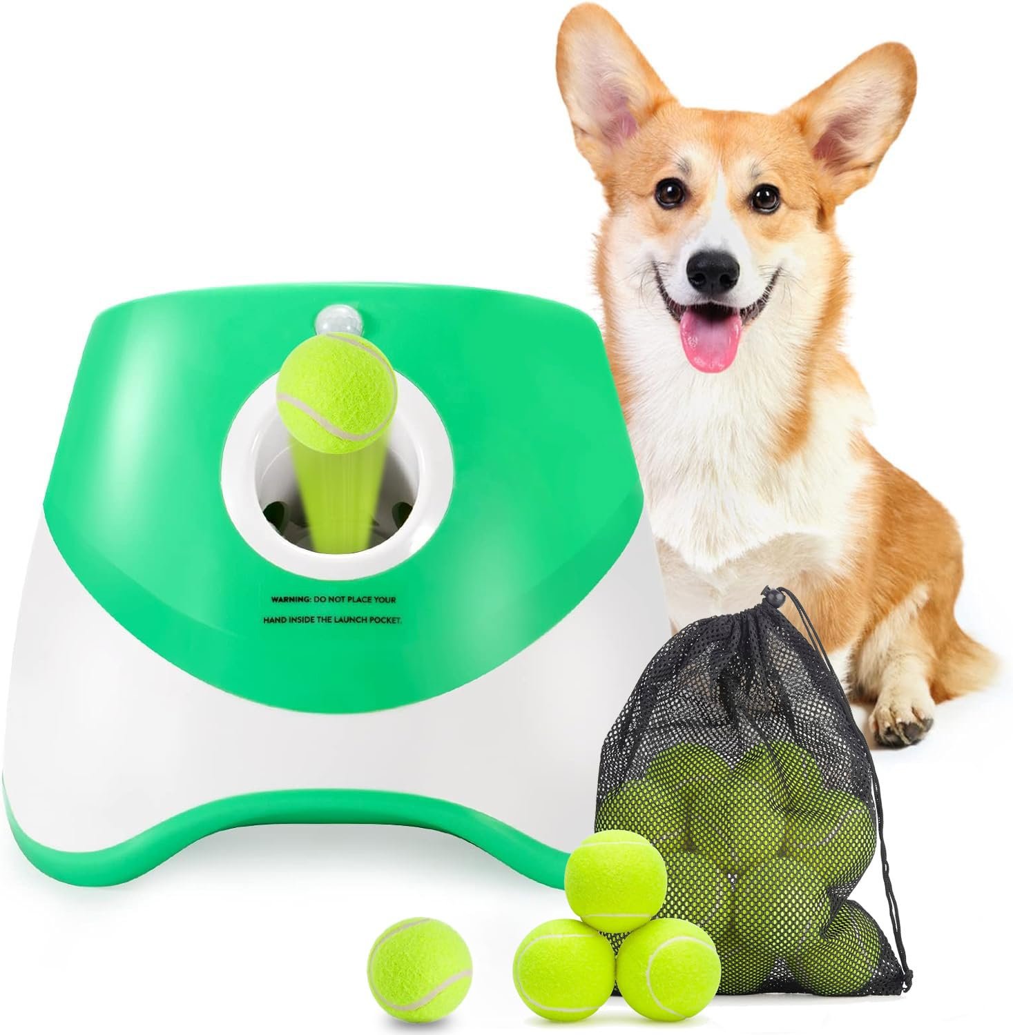 V1107-CS-CWGPQQLV-202602110815-00 Automatic Dog Ball Launcher with 15 Mini Tennis Balls & Mesh Bag – Rechargeable Pet Toy for Small Dogs, Adjustable Launch Distance, Interactive Play (Green) - Image 1