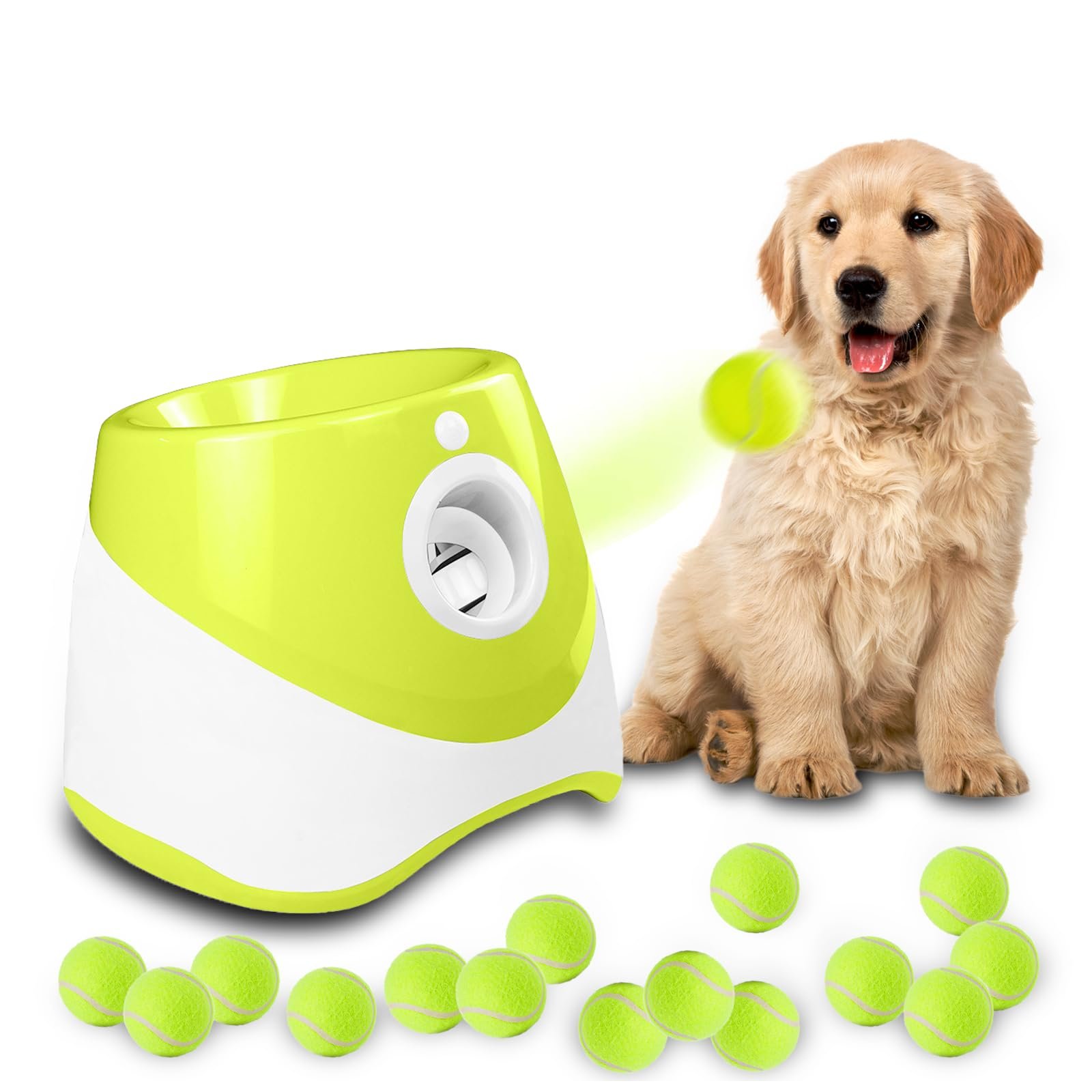 V1107-CS-CWGPQQQL-202602110815-00 Automatic Dog Ball Launcher with 15 Mini Tennis Balls & Mesh Bag – Rechargeable Pet Toy for Small Dogs, Adjustable Launch Distance, Interactive Play (Light Green) - Image 1