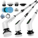Wireless Electric Cleaning Brush with 8 Replaceable Heads â€“ Adjustable Extendable Handle for Bathroom, Kitchen, Tiles & Car (White)