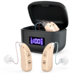 Rechargeable Behind-the-Ear Hearing Aids with Charging Case - Lightweight & Invisible Sound Amplifier for Seniors (Black Case, Skin Tone Device)