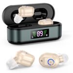 Rechargeable In-the-Ear Hearing Aids with Charging Case and LCD Display - Ultra-Compact Sound Amplifier for Seniors (Black & Green Case, Skin Tone Device)