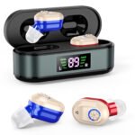 Rechargeable In-the-Ear Hearing Aids with Charging Case and LCD Display - Ultra-Compact Sound Amplifier for Seniors (Black & Green Case, Red & Blue Device)