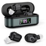 Rechargeable In-the-Ear Hearing Aids with Charging Case and LCD Display - Ultra-Compact Sound Amplifier for Seniors (Black & Green Case, Black Device)