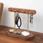 Modern Walnut Wood Key Holder with Brass Hooks - Desktop Organizer for Keys, Jewelry, Watches, and Small Accessories, Compact Design (Walnut) - Image 2