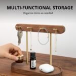 Modern Walnut Wood Key Holder with Brass Hooks - Desktop Organizer for Keys, Jewelry, Watches, and Small Accessories, Compact Design (Walnut) - Image 4