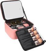 Portable LED Makeup Case with Mirror - Rechargeable 3-Color Light, 6 Adjustable Dividers, Brush Roll Holder, Waterproof PU Leather, Large Capacity Travel Cosmetic Organizer for Women, Includes Charging Cable (Pink)