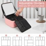 Portable LED Makeup Case with Mirror - Rechargeable 3-Color Light, 6 Adjustable Dividers, Brush Roll Holder, Waterproof PU Leather, Large Capacity Travel Cosmetic Organizer for Women, Includes Charging Cable (Pink) - Image 4