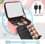 Portable LED Makeup Case with Mirror - Rechargeable 3-Color Light, 6 Adjustable Dividers, Brush Roll Holder, Waterproof PU Leather, Large Capacity Travel Cosmetic Organizer for Women, Includes Charging Cable (Pink) - Image 5