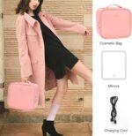 Portable LED Makeup Case with Mirror - Rechargeable 3-Color Light, 6 Adjustable Dividers, Brush Roll Holder, Waterproof PU Leather, Large Capacity Travel Cosmetic Organizer for Women, Includes Charging Cable (Pink) - Image 6