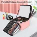 Portable LED Makeup Case with Mirror - Rechargeable 3-Color Light, 6 Adjustable Dividers, Brush Roll Holder, Waterproof PU Leather, Large Capacity Travel Cosmetic Organizer for Women, Includes Charging Cable (Pink) - Image 7