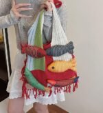 Boho Knit Tote Bag with 3D Fish Applique â€“ Patchwork Shoulder Bag for Women, Beach, Travel & Daily Use â€“ Soft Fringe Design (Red) - Image 2