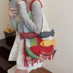 Boho Knit Tote Bag with 3D Fish Applique â€“ Patchwork Shoulder Bag for Women, Beach, Travel & Daily Use â€“ Soft Fringe Design (Red) - Image 3