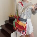 Boho Knit Tote Bag with 3D Fish Applique â€“ Patchwork Shoulder Bag for Women, Beach, Travel & Daily Use â€“ Soft Fringe Design (Red) - Image 4