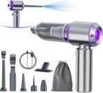 Cordless Handheld Vacuum & Air Duster with Dual Suction/Blow Modes, Transparent Dust Cup, USB-C Charging, and 7 Interchangeable Nozzles for Car, Keyboard, and Home Cleaning (Grey)