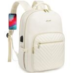 Stylish Laptop Backpack for Women - Large Capacity 27L Computer Bag with 15.6 Inch Compartment, USB Charging Port & 16 Pockets - Ideal for College, Work & Travel (White)