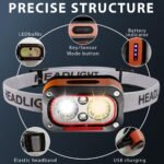 Rechargeable LED Headlamp with Motion Sensor & 6 Lighting Modes - Ultra-Bright Waterproof Headlight for Running, Camping, Hiking, Fishing, and Night Work (Grey) - Image 2