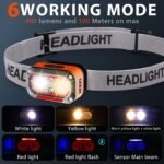 Rechargeable LED Headlamp with Motion Sensor & 6 Lighting Modes - Ultra-Bright Waterproof Headlight for Running, Camping, Hiking, Fishing, and Night Work (Grey) - Image 3