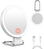 Dual-Sided LED Makeup Mirror with 1X & 30X Magnification, 3 Color Temperature Lights, Touch Controls, Rechargeable Battery, Foldable Stand, Portable Design for Desk, Travel, and Hanging Use (White)