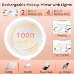 Dual-Sided LED Makeup Mirror with 1X & 30X Magnification, 3 Color Temperature Lights, Touch Controls, Rechargeable Battery, Foldable Stand, Portable Design for Desk, Travel, and Hanging Use (White) - Image 5