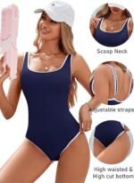 Women's Dark Blue One Piece Swimsuit with White Trim: Adjustable Strap, Ribbed, High Cut for Sports & Beachï¼ˆXXLï¼‰ - Image 3