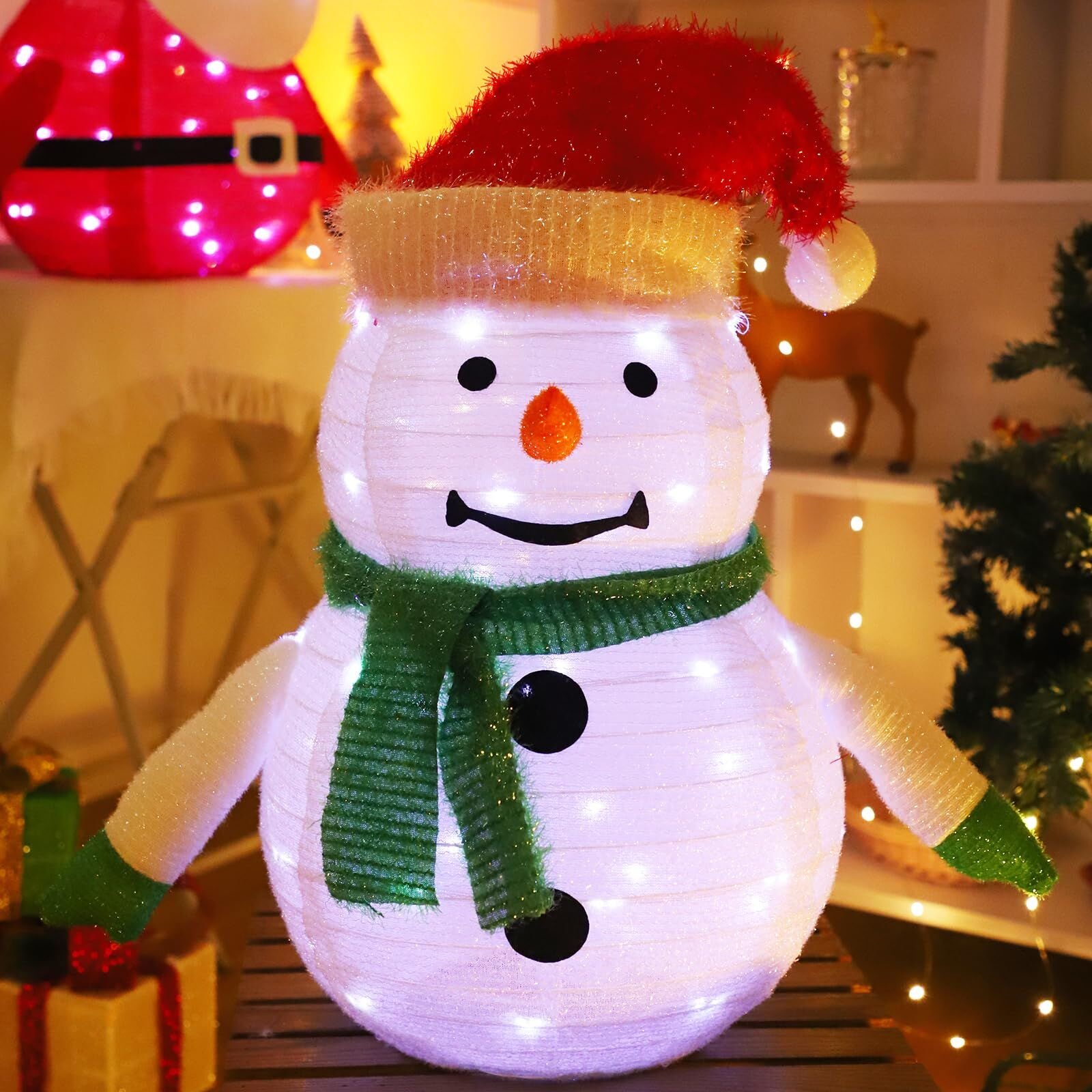 V1107-LIGHTEDCHRISTMASSNOWMANDECORATIONLANTERN2-202511252111-00 Lighted Christmas Snowman Decoration Lantern, 45 LED Collapsible Pop-Up Ornament with 8 Light Modes & Timer, Indoor Outdoor Holiday Décor - Image 1